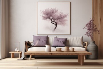 Modern living room interior design with wooden sofa, table, vase and painting. Created with Ai