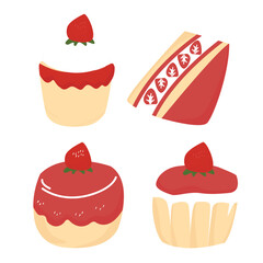 Red Simple Strawberry Cake Illustration Set