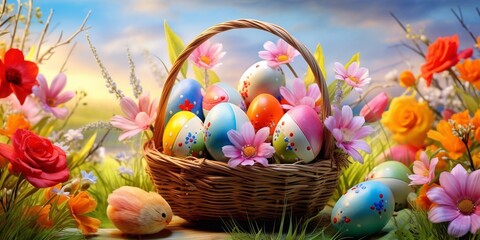 Osterkorb mit vielen bunten Eiern, made by AI - obrazy, fototapety, plakaty