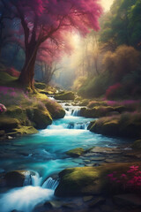 A river flows through an enchanted forest. Fantasy landscape. Scenic forest background. - obrazy, fototapety, plakaty