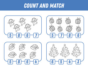 Education game for children count and match of winter elements, printable worksheet. Xmas. Coloring. 