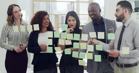 Business people planning, brainstorming or glass with discussion, vision or sticky note with teamwork. Men, women or moodboard in company with ideas, team building or writing for solution in office
