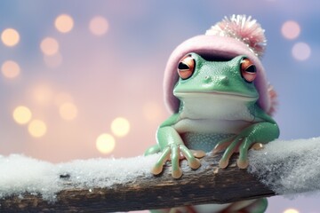 Frog perched on the top of a branch Christmas pastel background, copy space. Generative AI. - obrazy, fototapety, plakaty
