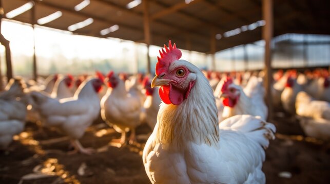 Chicken farm with a close - up shot of a chicken house. Generative AI.