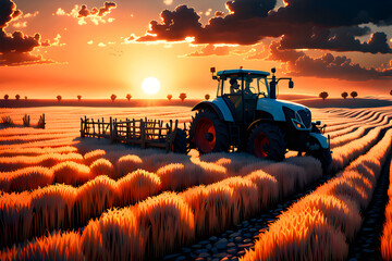 The setting sun is a farmer in the field.Generate AI
