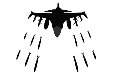 Flying jet fighter firing missiles. Vector silhouette. Separate layers