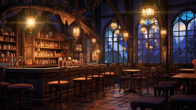 The atmosphere of a medieval bar at night with simple lighting. seamless time-lapse virtual 4k video animation backgrounds, anime or cartoon style. Generated with AI