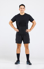 Portrait isolated cutout full body studio shot of strong cheerful Asian male fitness athlete...