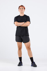 Portrait isolated cutout full body studio shot of strong Asian male fitness athlete sportman...