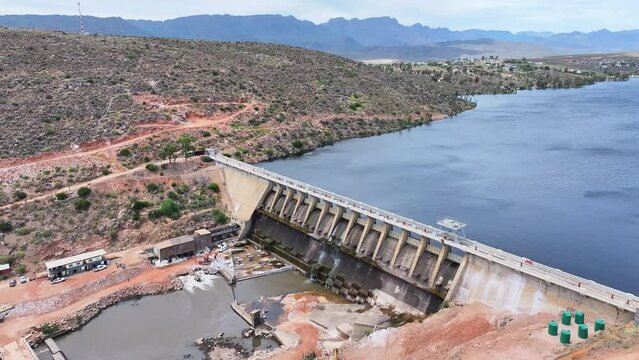 Construction work on the Clanwilliam Dam in the Western Cape, South Africa, one of the larger dams supplying irrigation water to grape and citrus farmers.