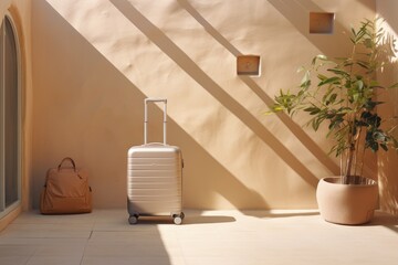 Luggage and bag near a sunny wall, big potted plant - travel photo - Powered by Adobe