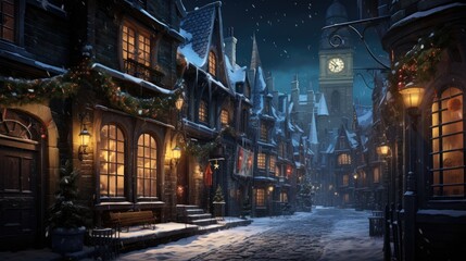 Fototapeta na wymiar winter night city, narrow street, Christmas