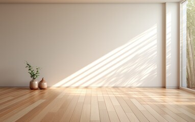 empty room with wooden floor and sun rays - cozy light