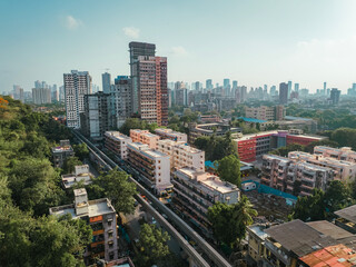 Aerial view of Mumbai city, Maharashtra, India. Beautiful weather in Mumbai during the monsoon. Mumbai skyline, Modern City high-rise skyscraper buildings.