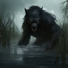 A werewolf stalking through the swamp