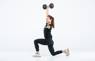 Portrait isolated cutout full body studio shot strong Asian female fitness athlete sportswoman...