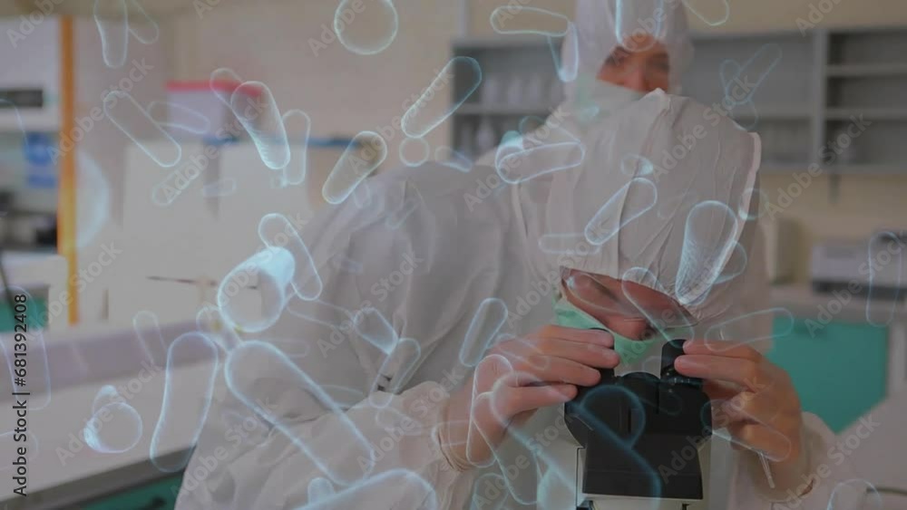 Poster animation of caucasian scientists with microscope in laboratory over cells