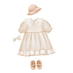 Watercolor illustration beige kids dress with cute shoes on a hanger on a beige background. Fashion kids outfit and accessories for summer.