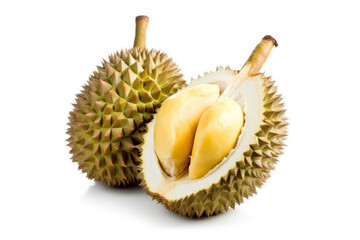 Obraz premium Two durian fruits cut in half Durian pulp inside seen isolated on white background.