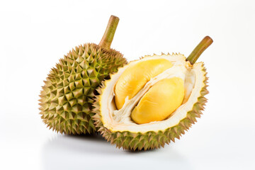 Obraz premium Two durian fruits cut in half Durian pulp inside seen isolated on white background.