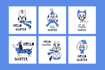Hello winter lettering and dog doodle set. Modern hand drawn funny posters with puppies in clothes with handwritten text. Seasonal greeting cards collection, childish print