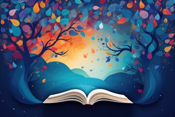 Autumn background with tree and book. abstract background for National Storytelling Week