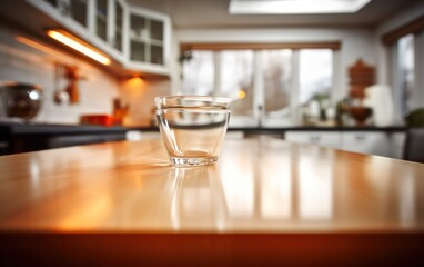 Tabletop with a blurred kitchen room the surface of a table or countertop, while the kitchen area behind it appears blurred.
