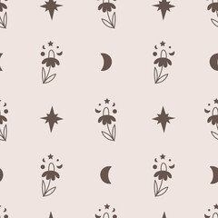 Celestial seamless Pattern with chamomile crescent and star. Cute decorative beige esoteric background with hand drawn doodles in bohemian style. Repeat vector illustration.