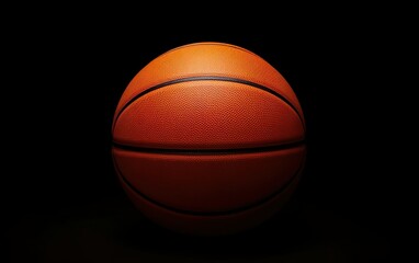 Obraz premium Photorealistic orange basketball ball icon isolated on black background. March madness poster design. Minimalistic banner, side view team sport equipment. AI Generative.