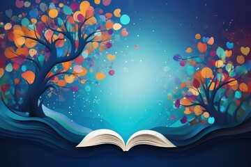 Book with tree and leaves on abstract blue background. abstract background for World Poetry Day or National Storytelling Week - obrazy, fototapety, plakaty