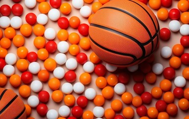 March madness poster. Big orange basketball ball close up with round decorations looking like pills scattered on the floor, flat lay, copy space, over the shoulder. Banner template. AI Generative