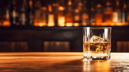 Whiskey with ice on wooden table in liquor store or bar counter with empty copy space - obrazy, fototapety, plakaty