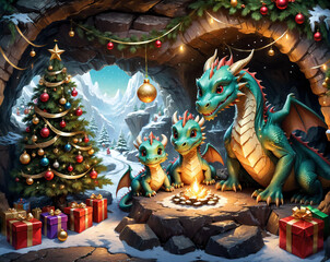 A family of cute dragons inside a cave is preparing for Christmas, holiday atmosphere, decorations, Christmas tree and gifts. Generated AI