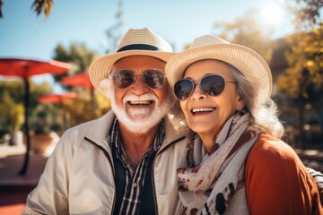 Elderly Hispanic couple enjoying outdoors their relationship - obrazy, fototapety, plakaty