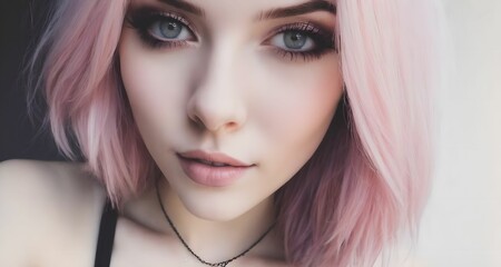 Fototapeta premium Goth girl selfie. Smiling glad pink haired woman