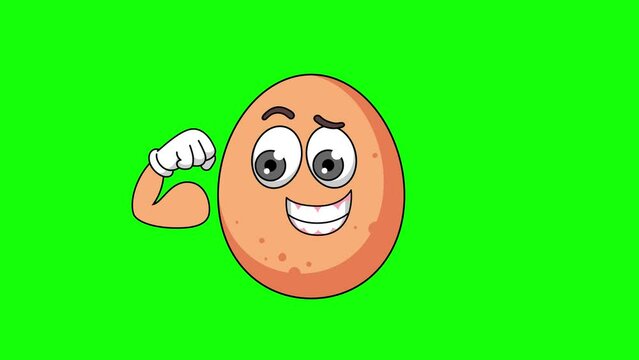 Flexing muscle of egg cartoon, strong pose mascot animation on a green screen