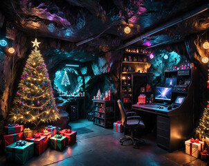 Cyberpunk interior of a cave decorated in New Year's style, neon signs, Christmas tree and gifts. Generated AI