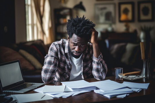 Young black man worried and stressed with school and tired working with documents at night at home.
