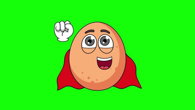Superhero egg cartoon flying with red cape, green screen animation of flying mascot
