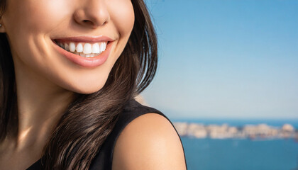 Young woman with perfect healthy pearly white teeth smile - obrazy, fototapety, plakaty
