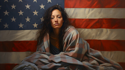 homeless woman on american flag background - obrazy, fototapety, plakaty