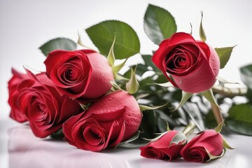 Red roses on a white wooden table. Valentine's day background