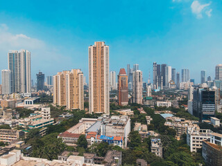 Modern City high-rise skyscraper buildings. Aerial drone view of the Financial District in Mumbai. Daytime Mumbai City, India.