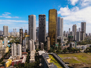 Modern City high-rise skyscraper buildings. Aerial drone view of the Financial District in Mumbai....