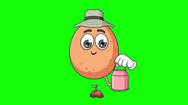 egg cartoon is watering a plant, wearing a sun hat