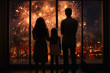 The back of family standing by the window watching fireworks, festival event background.