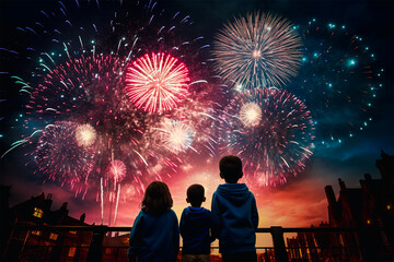 The back of kids watching fireworks, festival event background.