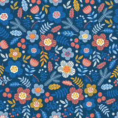 Seamless pattern of blossom meadow. Interweaving of stylized doodle flowers and branches in the Scandinavian color style on dark blue background