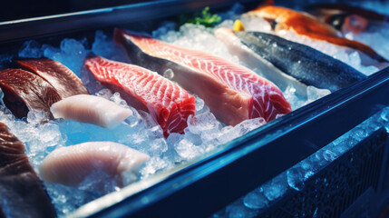 Fresh organic seafood fish tuna in refrigerator - obrazy, fototapety, plakaty