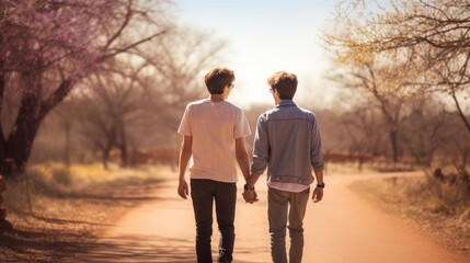 Rear view of gay couple walking together and holding hands